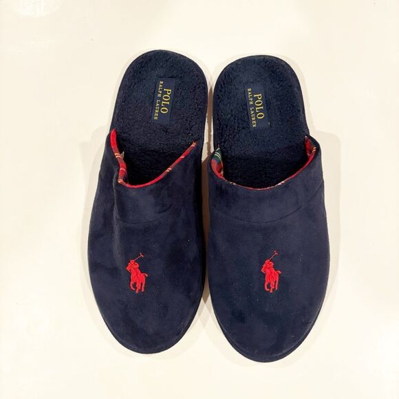 NWOT Ralph Lauren Klarence Microsuede Scuff Slipper Navy Big Pony Size 12 Plaid - Picture 2 of 8